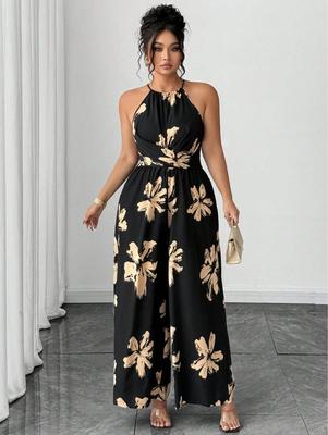 Plus Size Women's European & American Printed Camisole Jumpsuit - Summer Waist-Cinched Slimming Wide-Leg Vacation Long Dress