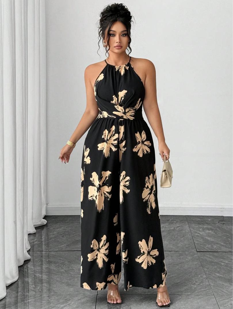 

Plus Size Women s European & American Printed Camisole Jumpsuit - Summer Waist-Cinched Slimming Wide-Leg Vacation Long Dress L чёрный
