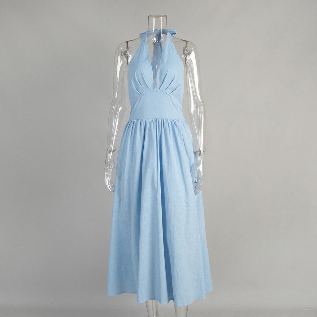 Pure cotton long dress, European, American spring and summer waist V-neck strap long dress, big swing dress women