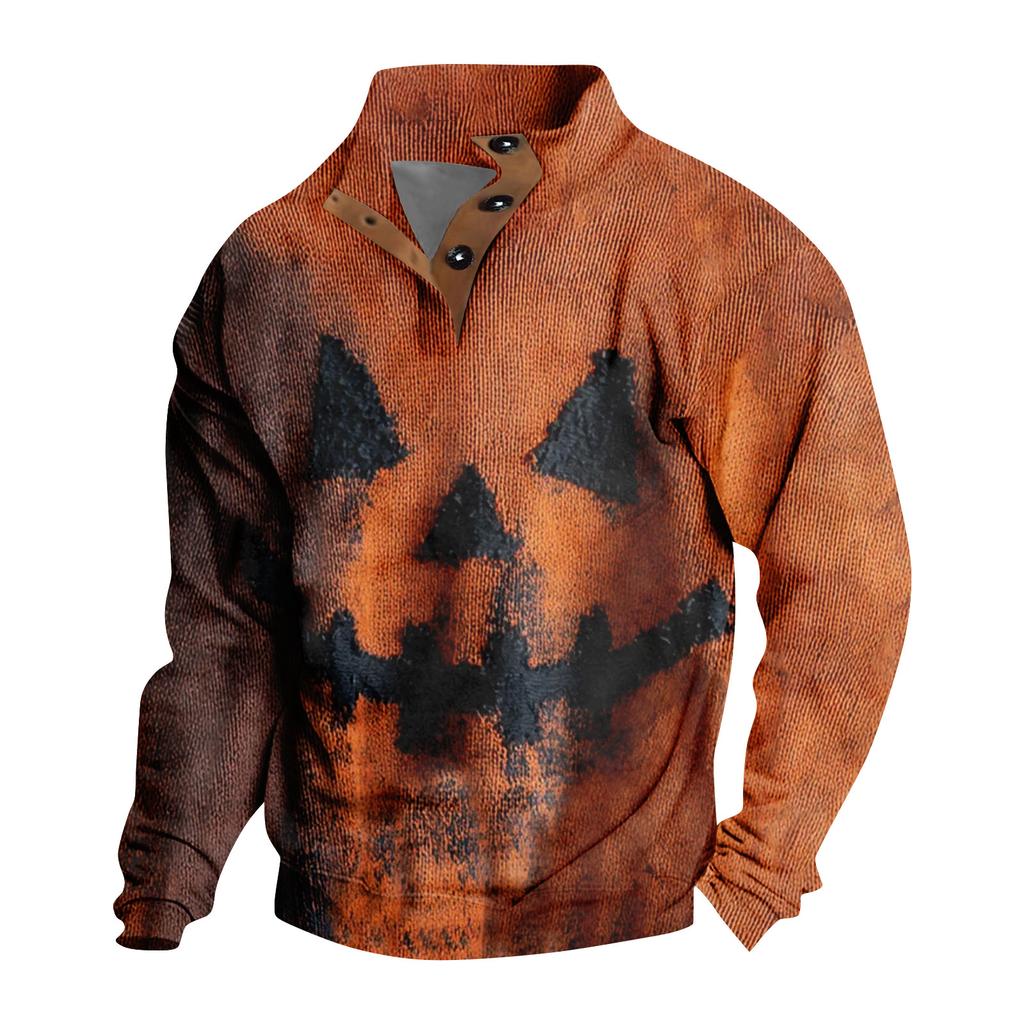 Men's Casual Fashion Christmas Printed Hoodless Sweatshirt Wide Men's Loose Button Stand Collar Hooded Sweatshirt