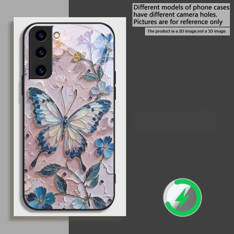 Elegant pink butterfly suitable for Samsung Galaxy S26 Ultra S20 FE S21 S22+ S23 Plus S24 Ultra 25 Edge black Glass Phone Casee