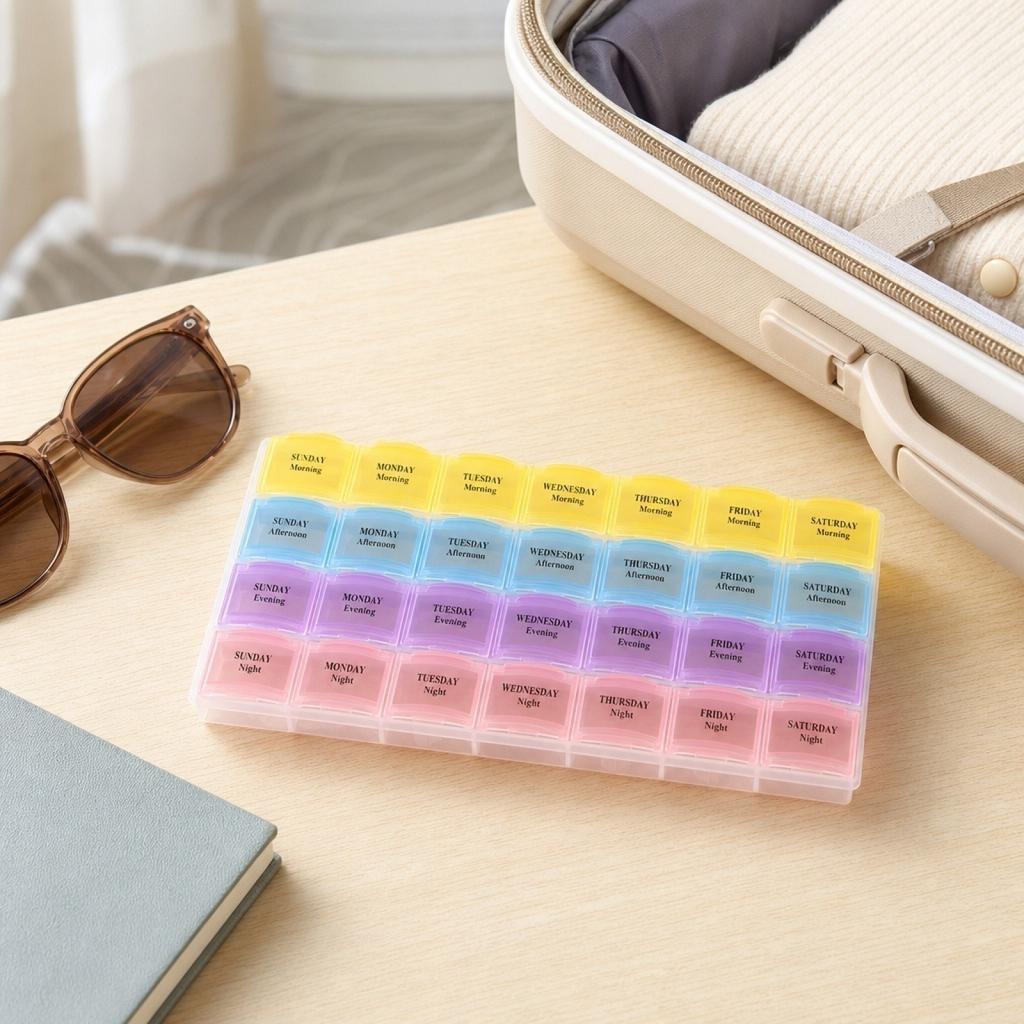 Portable Weekly Pill Organizer with Four Daily Compartments Transparent Cover Compact Design for Medication Storage and Travel Use 21 5x12x2 5cm