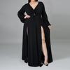 Solid Color Split Hem Maxi Dress Women V-Neck Shirring Floor-Length Oversized Dress Streetwear