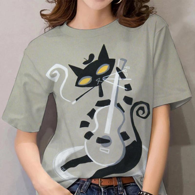 

Vintage Cat Pattern Womens T-Shirt Summer Round Neck Casual Short Sleeve Womens Clothing Loose T-Shirt Street Tops XS