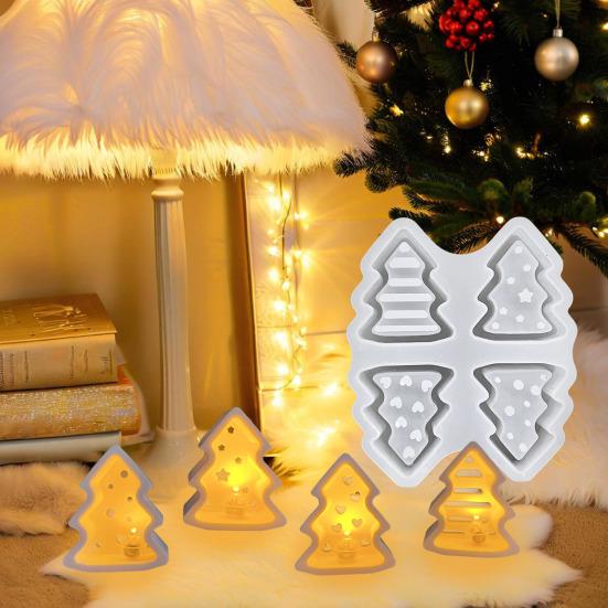 Silikonová forma na světlo vánočního stromku Ručně vyráběná forma na ozdobu lampy vánočního stromku 4 dutiny Stromkové řemesla Epoxidová pryskyřice Sádra Cement Licí forma