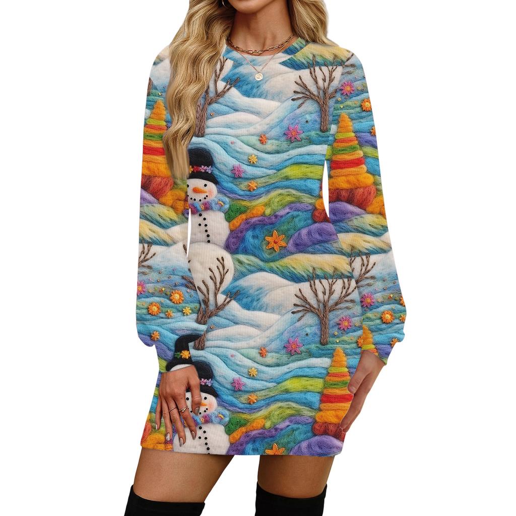 Damenmode Lässig Weihnachts-Print Rundhals Langarm Kleid