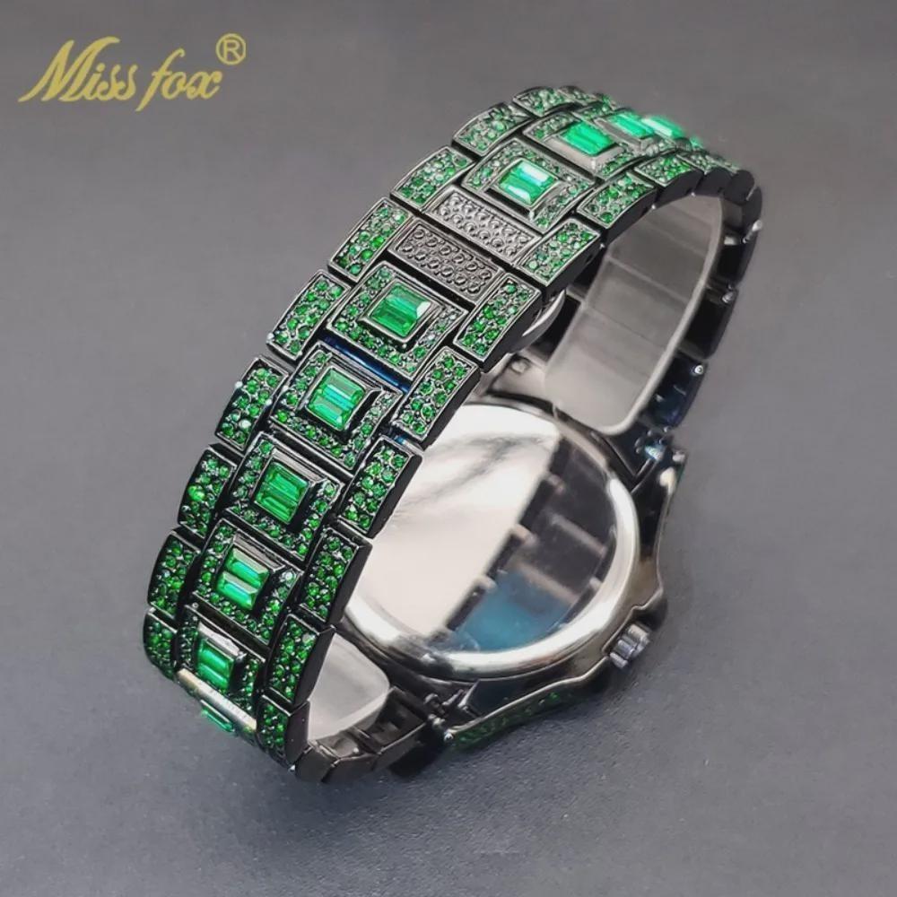 MISSFOX Nové zelené diamantové hodinky pro muže Luxusní Hip Hop diamantové hodinky Jedinečné Bling Ice Out Svítící vodotěsné hodinky