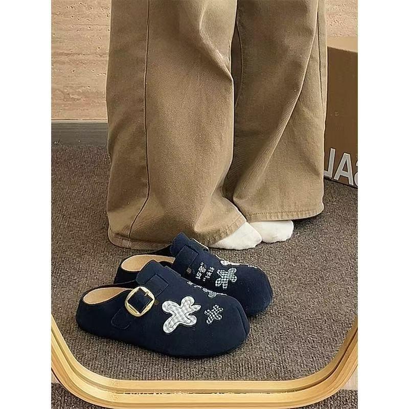 

French navy blue fluffy slippers flower beacon shoes women s 2025 autumn and winter new soft leather one pedal bag head half slippers 40 синий