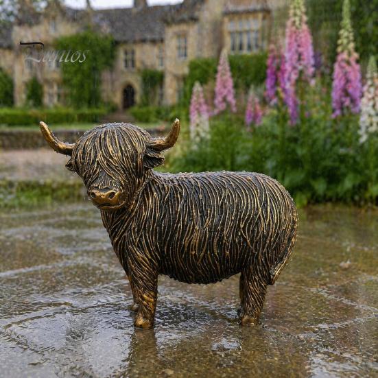 Vintage Copper Finish Garden Art Highland Yak Resin Figurines, Bronze Animal Statues, Weatherproof Sitting Set Farmhouse Decor for Living Room