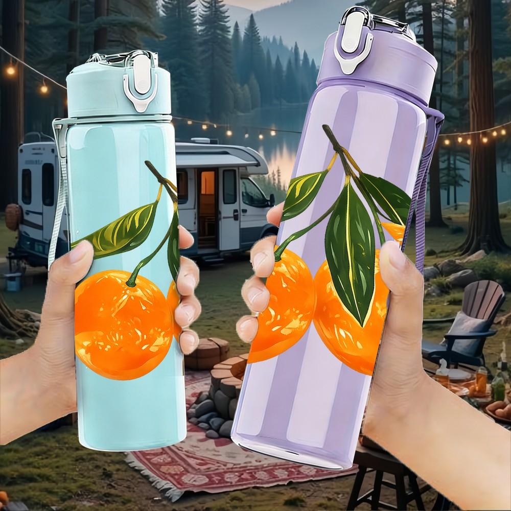 1PC Fresh Orange Citrus Fruit Watercolor Print 750ml Color Plastic Sports Water Bottle Leakproof Flip Straw Lid Suitable for Sports Office Home Use