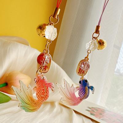 Retro Good Luck Mobile Phone Chain With Bell Luck Koi Beaded Charm Phone Lanyard Purse Pendant Earphone Bag Hanging Decorations