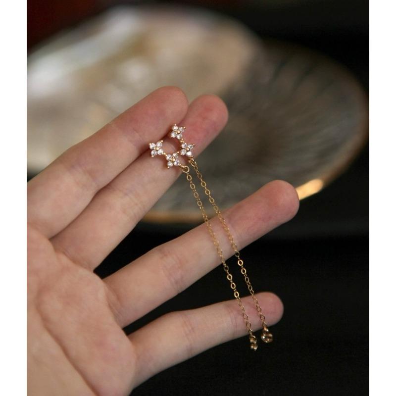 S925 Sterling Silver Clover Diamantové náušnice pro ženy Zajímavý design Zirkonový květ Dlouhé náušnice řetízkové náušnice