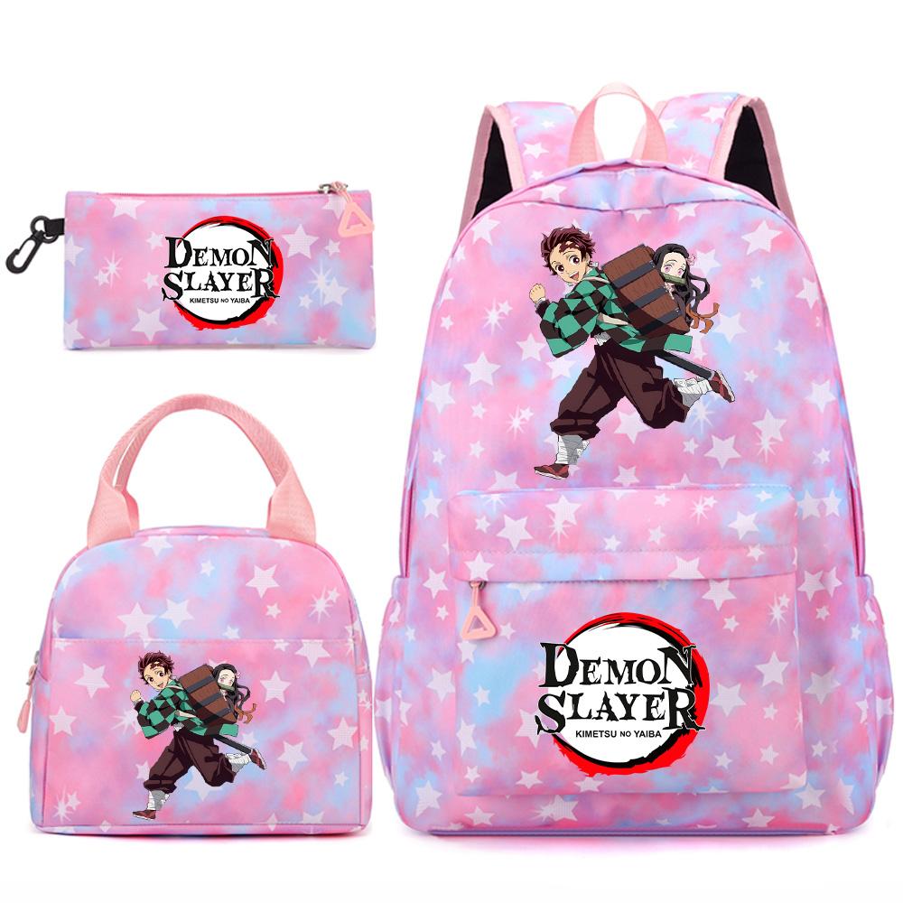3 st/set Tecknad Demon Slayer Tryckt Ryggsäck Handväska Pennskrin för Tonåring Student Flicka Pojke Skolväska Stor Kapacitet Vattentät Resväska Gåva