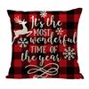 Red Plaid Sofa Linen Christmas Pillow Cover Reindeer Snowflake Home Cushion Cover