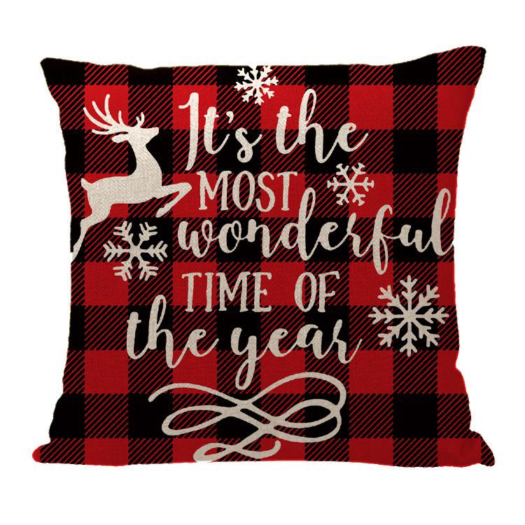 Red Plaid Sofa Linen Christmas Pillow Cover Reindeer Snowflake Home Cushion Cover
