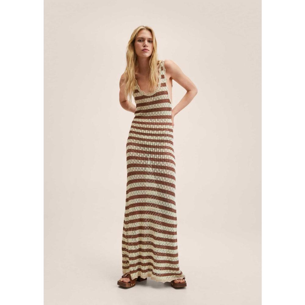 Women s V Neck Sleeveless Stripe Hollow Out Knit Backless Slim Fit Maxi Slip Dress S