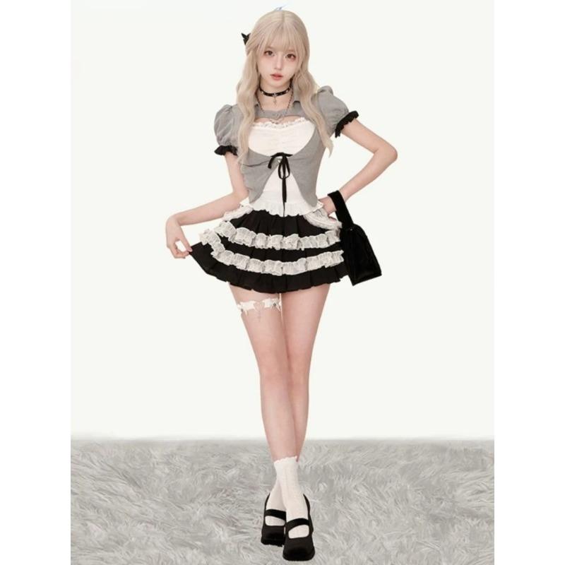 Japanese Style Kawaii 3 Piece Skirt Sets Women Sweet Tops + Casual Slim Vest + Cute Lace Mini Skirt 2000s Fashion Suit Hot Girls