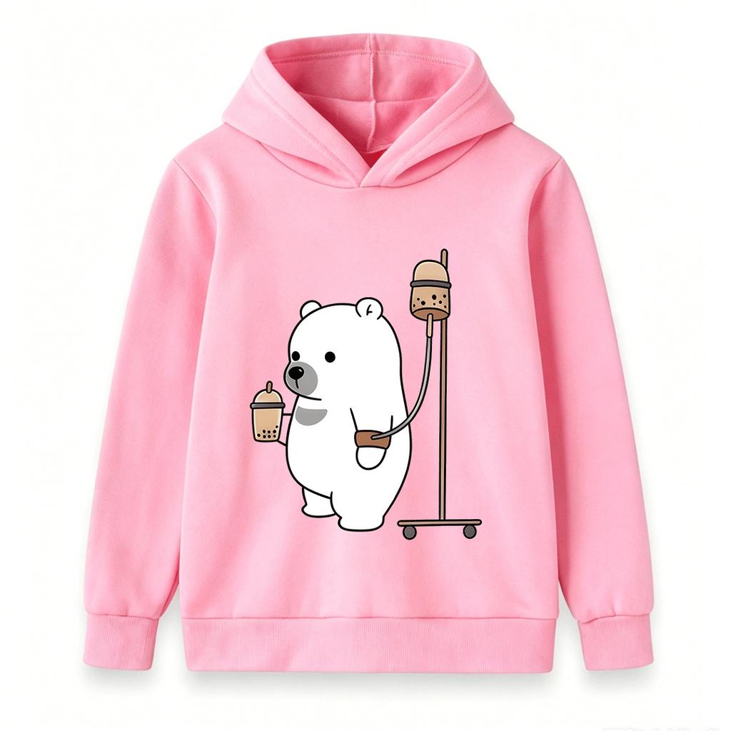 Kids Unisex Boys Girls Hooded Sweatshirt, Cute Cartoon Polar Bear Drink Bubble Tea Print Casual Pullover Hoodie, Soft Cozy Long Sleeve Tops for Daily