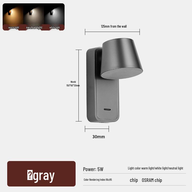 Rotatable LED Bedside Wall Light with Switch for Hotel, Guest Room, or Bedroom Reading.