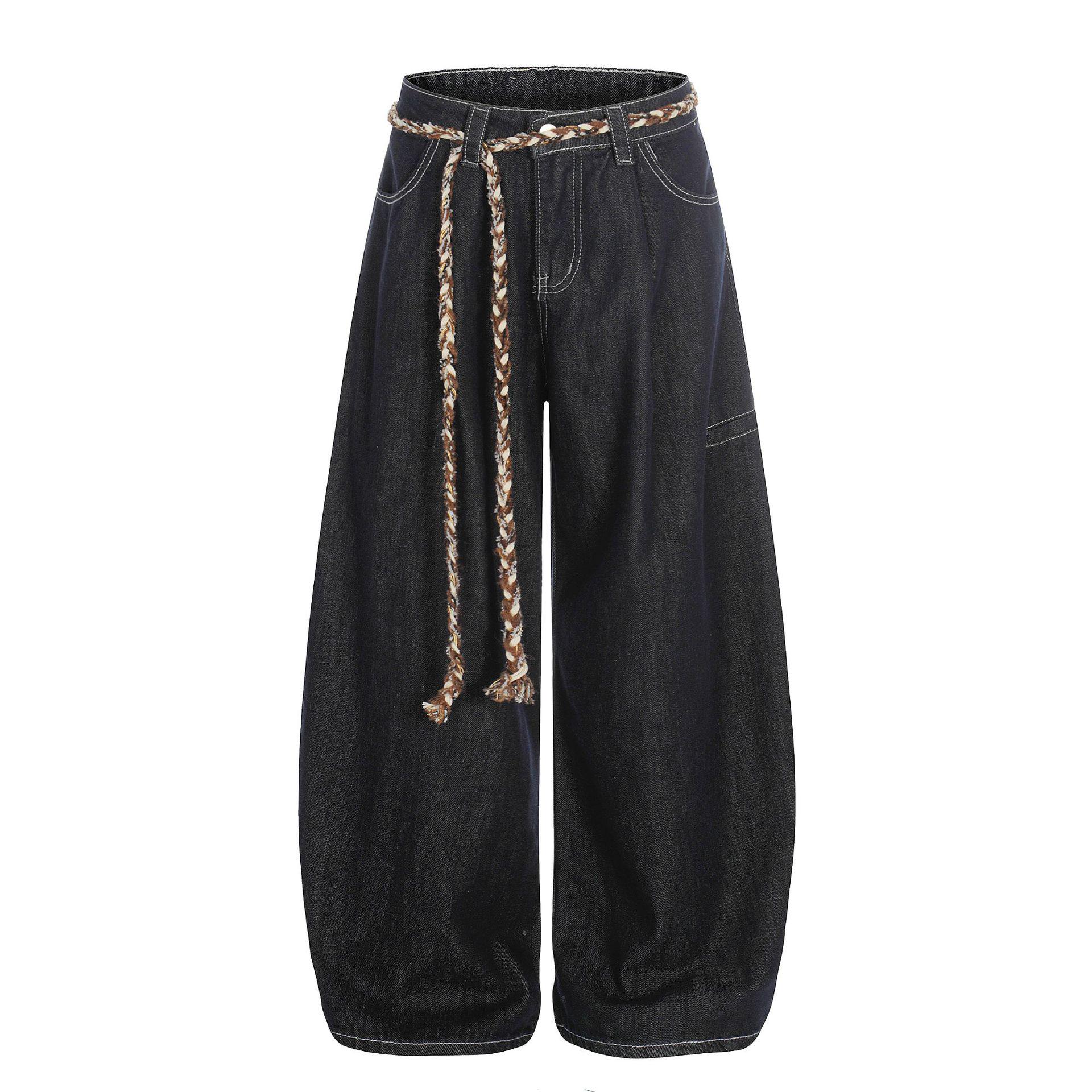 2026 American Retro High Waist Wide Leg Denim Pants with Waist Tie Small