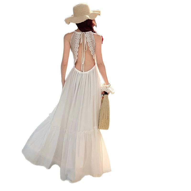 French White Moonlight Neck Halter Dress Sexy Pure Desire Style White Temperament Atmosphere Vacation Beach Dress