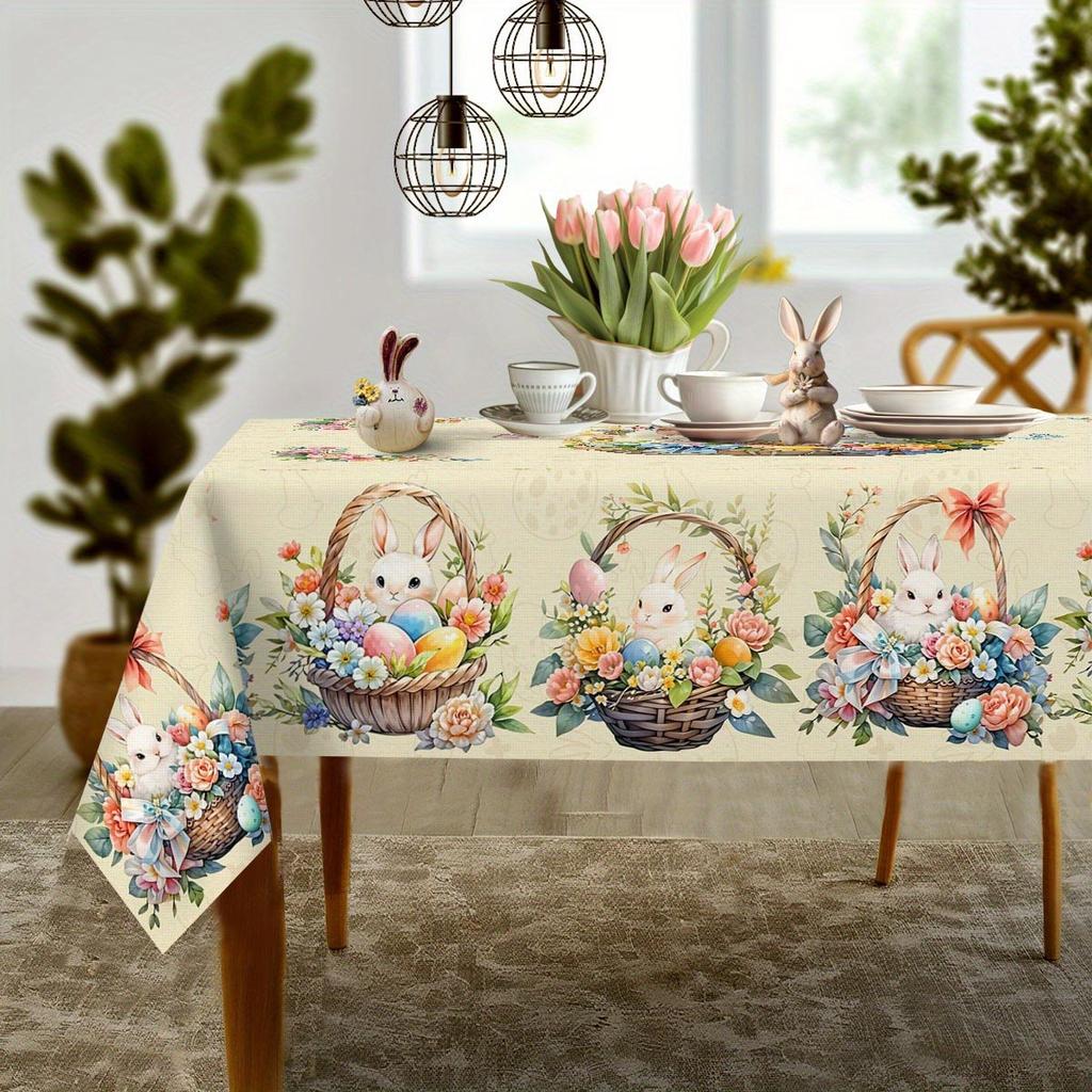 Easter Bunny Eggs Polyester Tablecloth for Table Decor Spring Watercolor Floral Plants Butterfly Table Cloth Easter Decorations