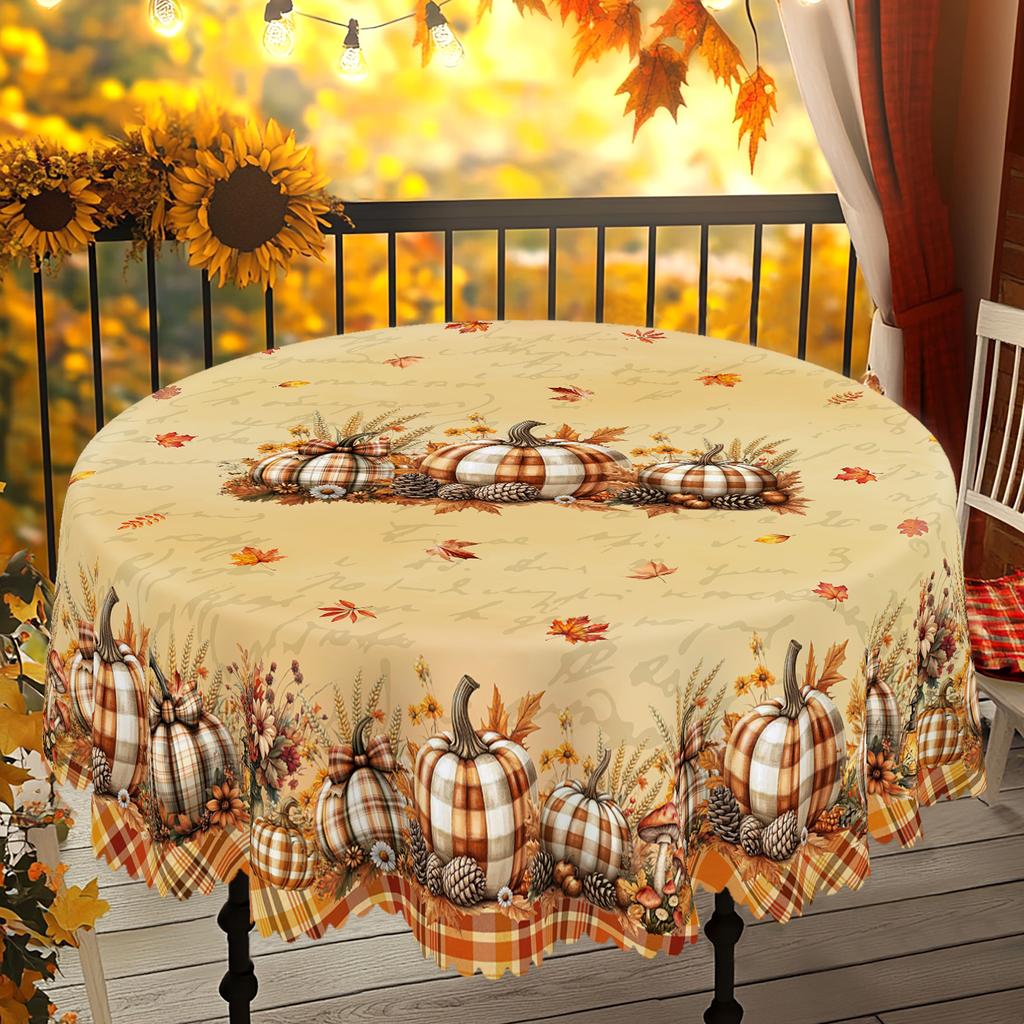 1 Piece Thanksgiving Round And Rectangular Tablecloth, Various Sizes, Autum Pumpkin Wheat Ear Orange Plaid Tablecloth, Table Cover For Home Kitchen, T