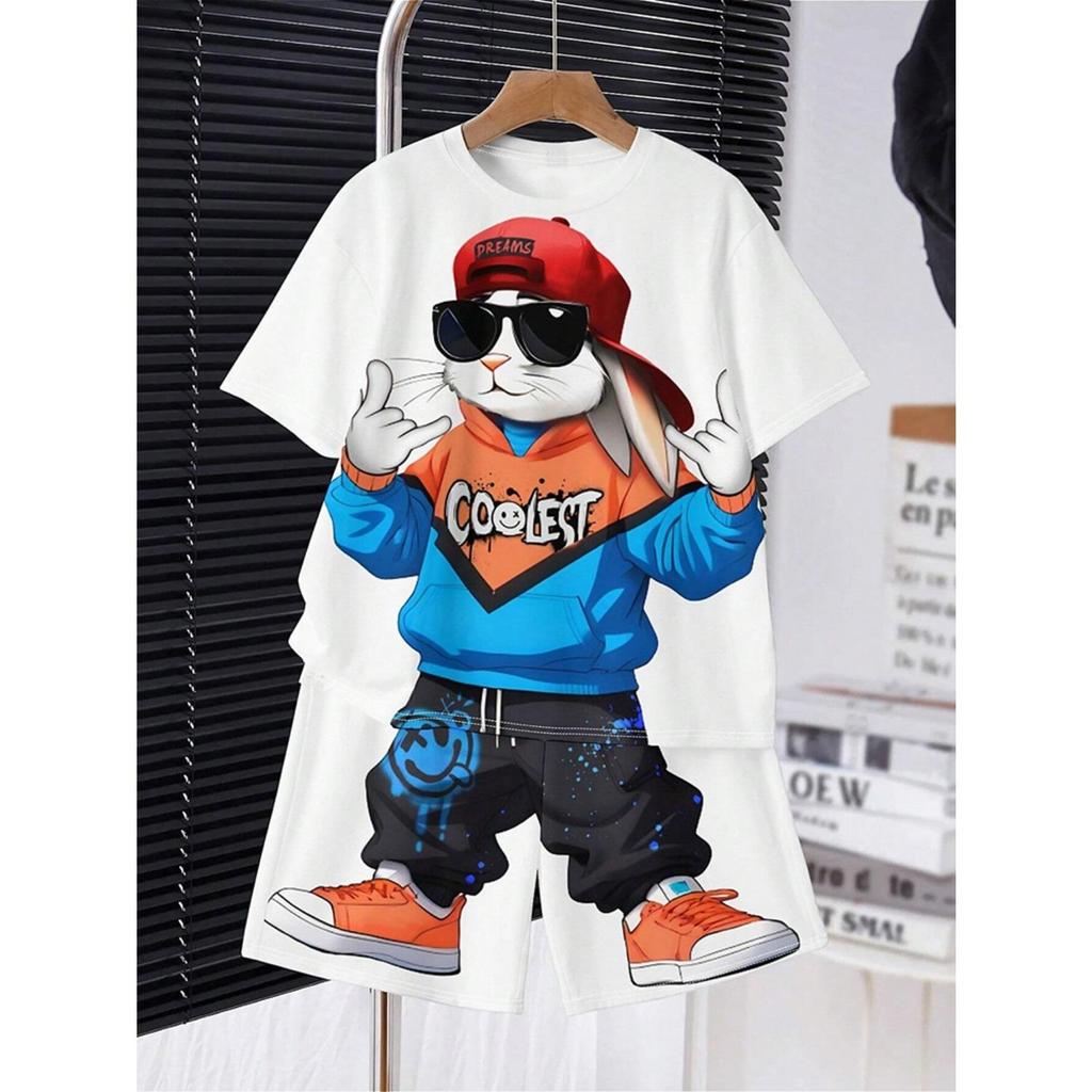 Boys' Set of Fashionable 3D Printed Casual Pullover, Short Sleeved Shorts, T Sports Shirt, Boys' Outdoor T-shirt Shorts