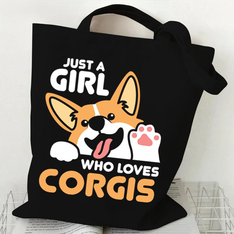 Liebt Corgis Druck Canvas Tragetasche Damen Einkaufstasche Teenager Faltbar Große Kapazität Corgis Liebhaber Schulterhandtasche