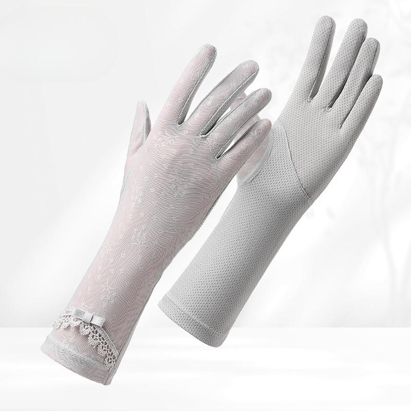 Long Ice Silk Sunscreen Gloves for Women's Light and Breathable UV Rays Outdoor Driving Anti Slip Touch Screen Lace Gloves