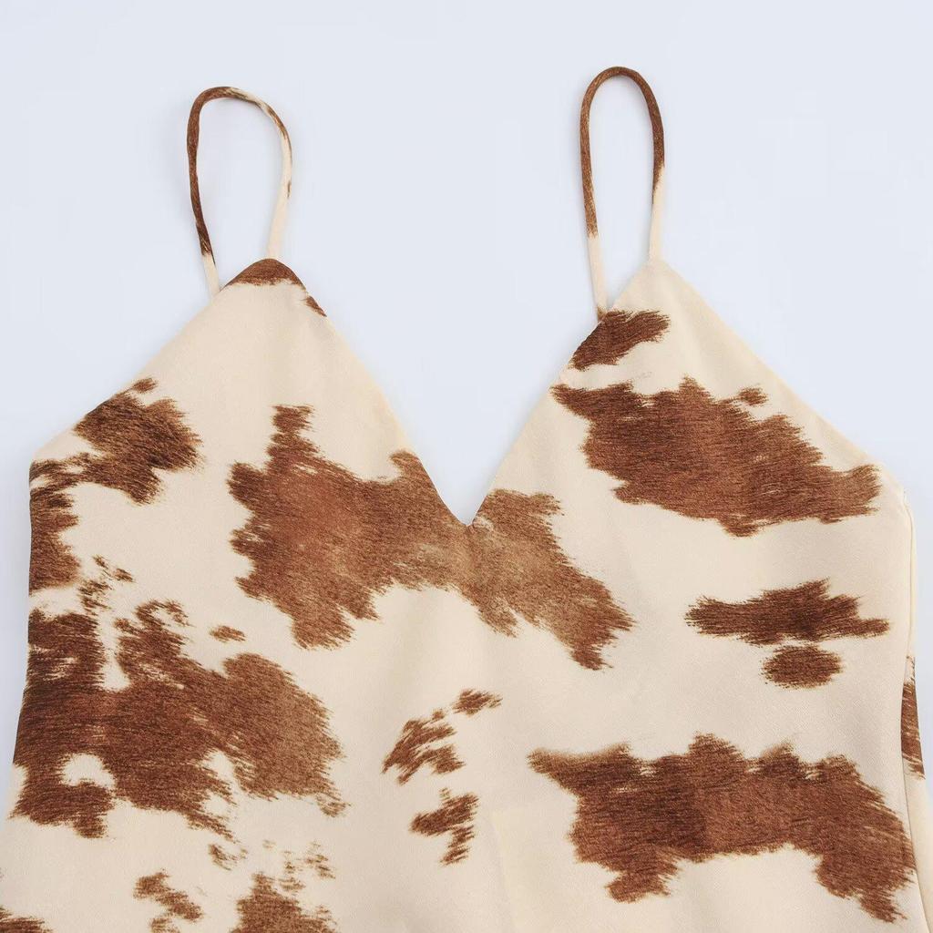 2025 Spring Silk Satin V-Neck Spaghetti Strap Midi Dress for Women - European & American Style