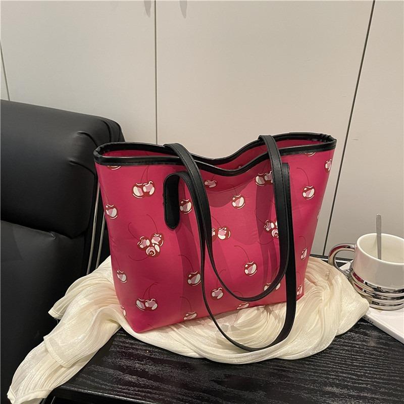 Bags Women's Autumn New Shopping Bags Shoulder Large Capacity Cherry Printing Stylish Simple Tote Bags Handbags