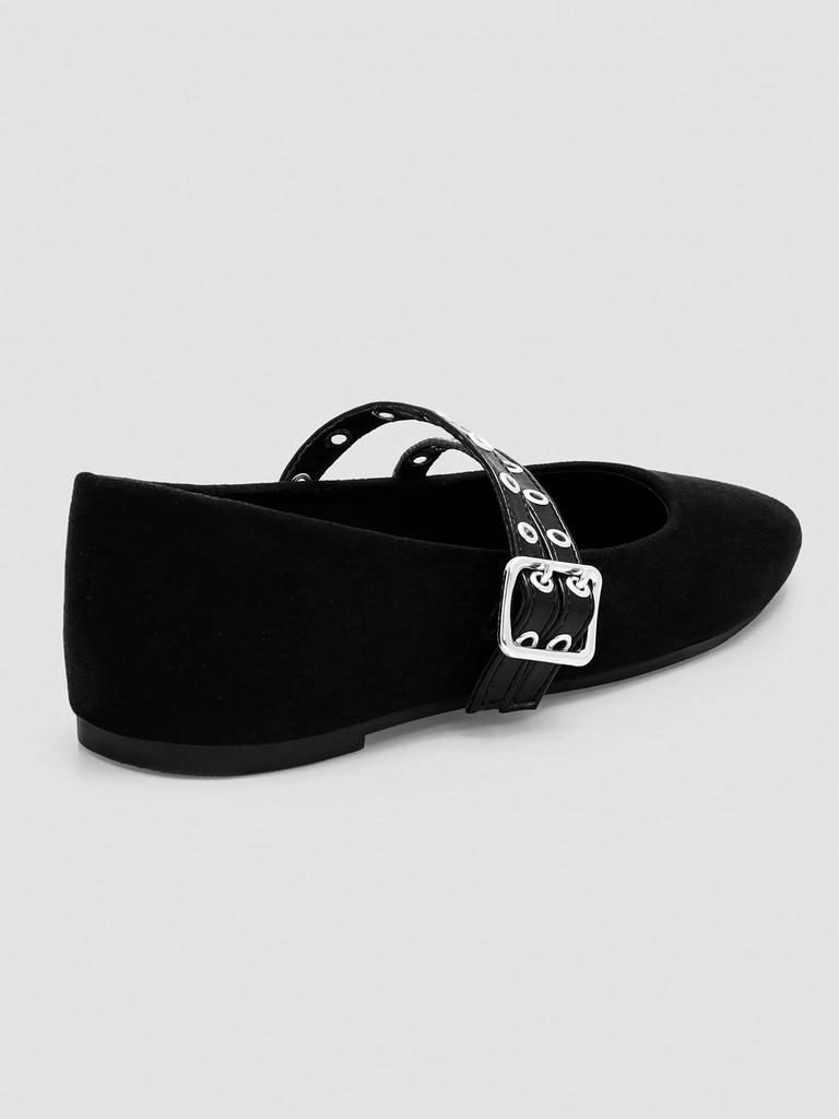 Black Double Buckle Strap Mary Jane Shoes, Retro Silver Ring Buckle Design
