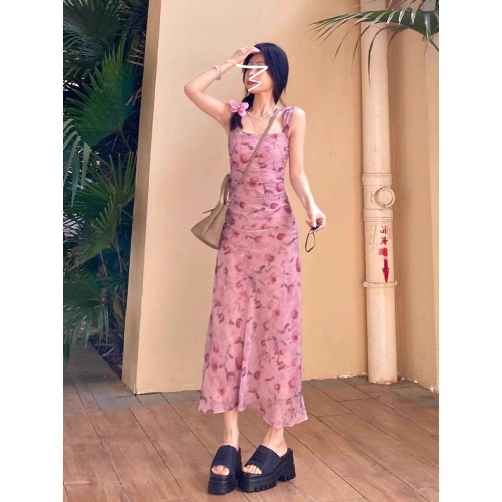 Pink Suspender Floral Dress Women's Summer New Versatile Fairy Temperament Slim and Thin Waist Long Skirt