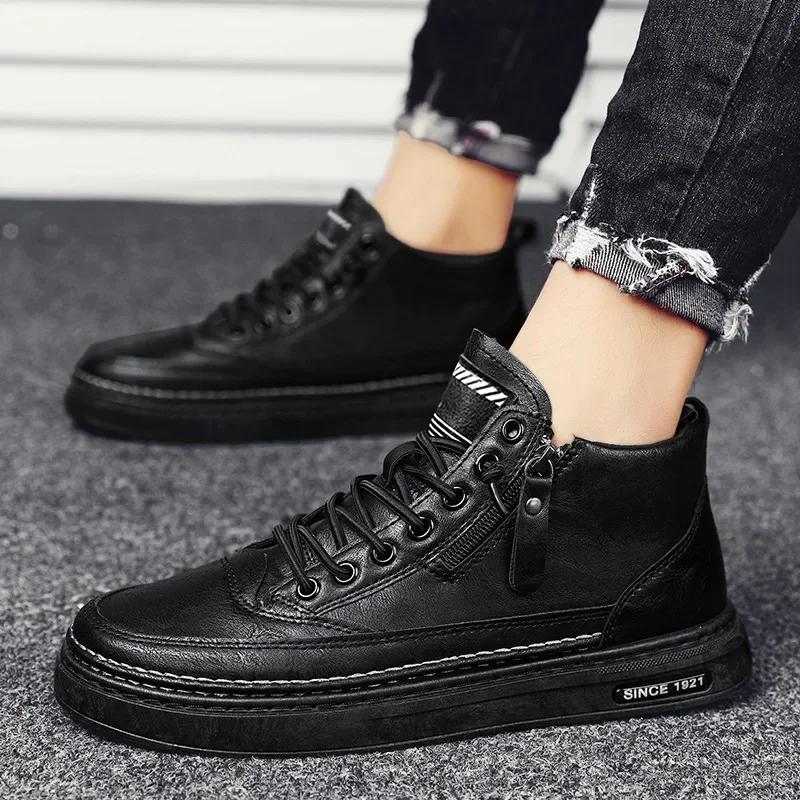 Leather Boots Men Spring High Casual Shoes for Men Trend Zipper Walk Flats Winter Shoes Vulcanized Ankle Boots New Zapatillas