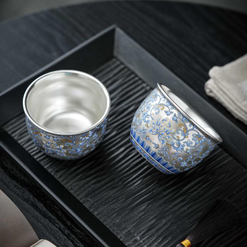 Retro Blue & White Ceramic Silver-Plated Tea Cup - Kung Fu Tea Host's Tasting Bowl.