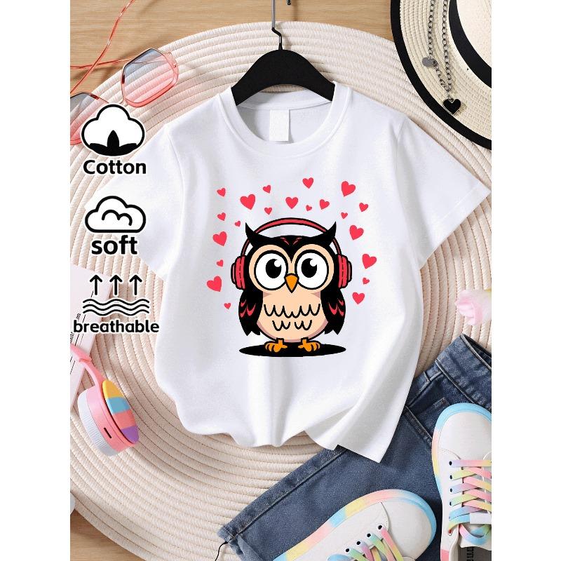 European sizes Cute Owl with Headphones And Hearts Teen Girls Casual Tee - Trendy Soft Breathable T-Shirt for Casual Attire