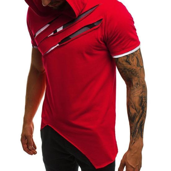 Men Causal Short Sleeve Ripped Irregular Hem Slim Blouse T-shirt Fitness Hoodie