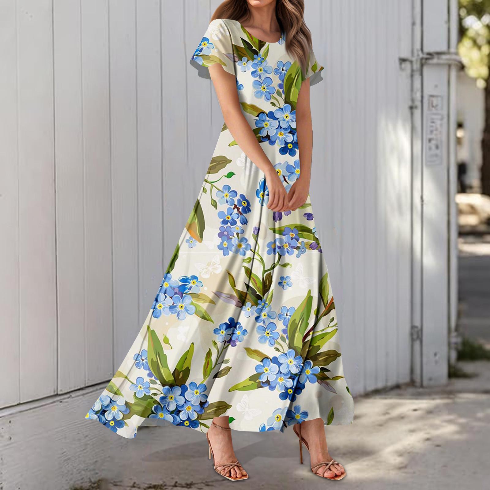 

Women s Hawaiian Print Casual Round Neck Short Sleeve High Waist Dress L червоний