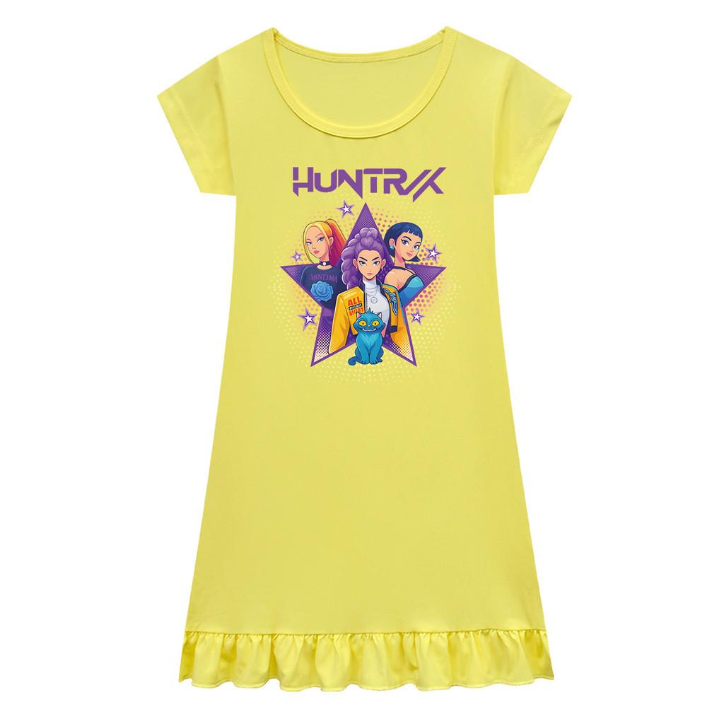 Kids Girls Anime Cartoon K-POP Rumi Print Pleat Short Sleeve Casual Round Neck Dress