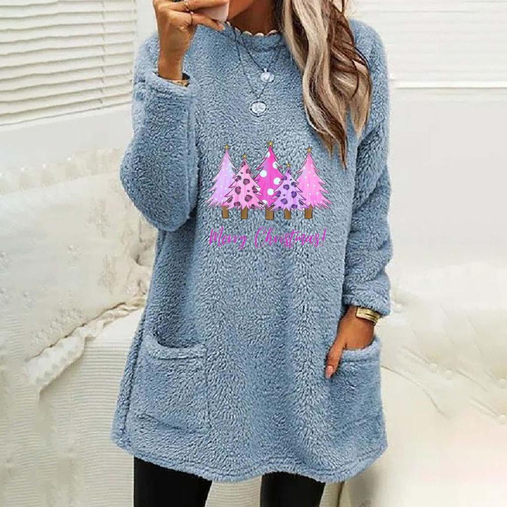 Women's Christmas Tree Print Round Neck Loose Long Sleeve Pocket Plush Hoodie