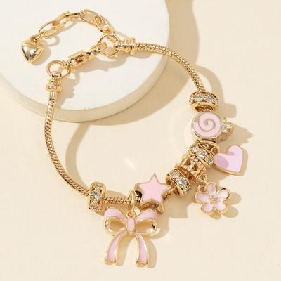 Pulseira Pingente Flor de Miçangas DIY Coração com Laço Rosa e Pirulito Família Pan