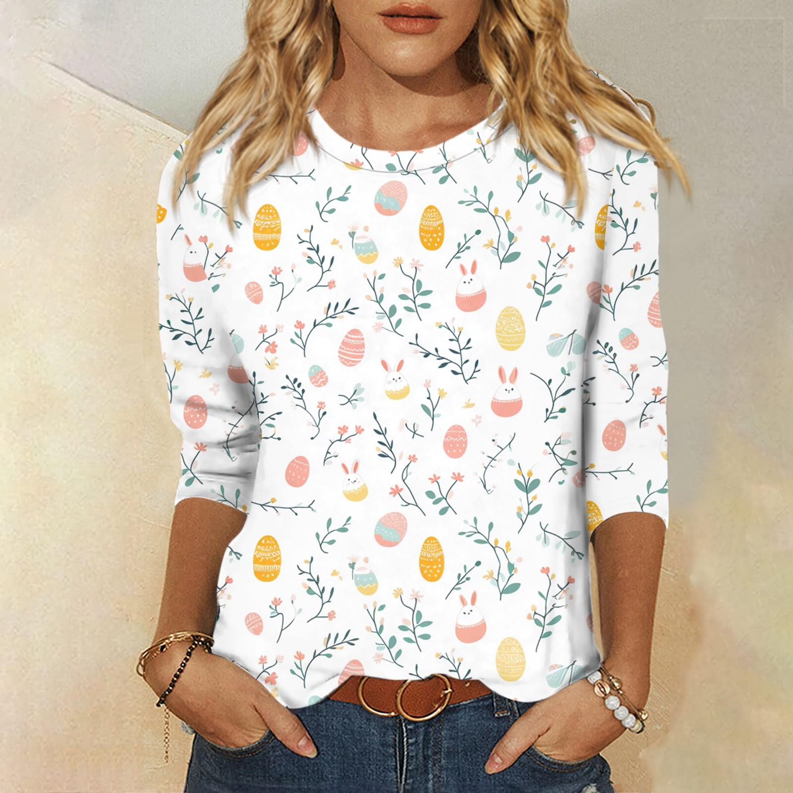 

Топы с рукавами 3/4 для женщин, футболка, повседневные топы с принтом, футболка, пуловер с круглым вырезом, блузка XXL белый