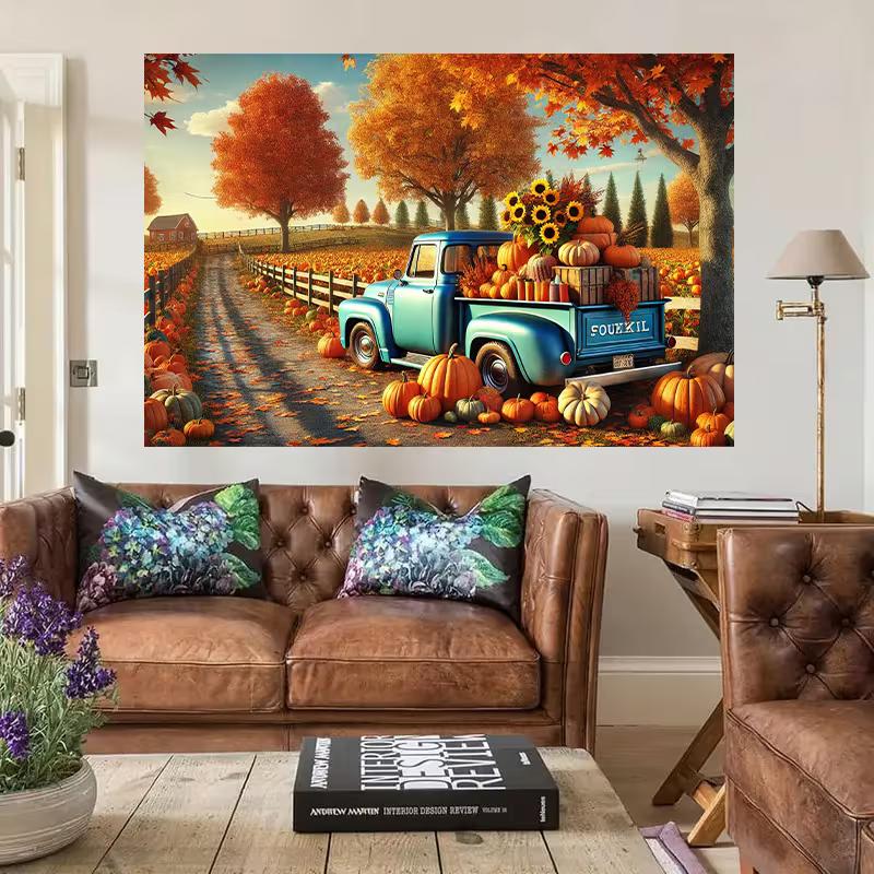 2D Autumn Harvest Truck Tapestry Rustic Farm Pumpkin Wall Art Decor