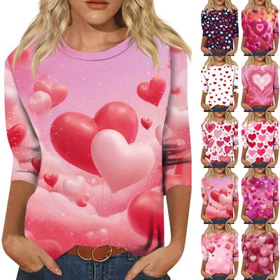 Top Pulóver Casual de Moda para Mujer con Mangas Tres Cuartos y Estampado del Día de San Valentín Cuello Redondo