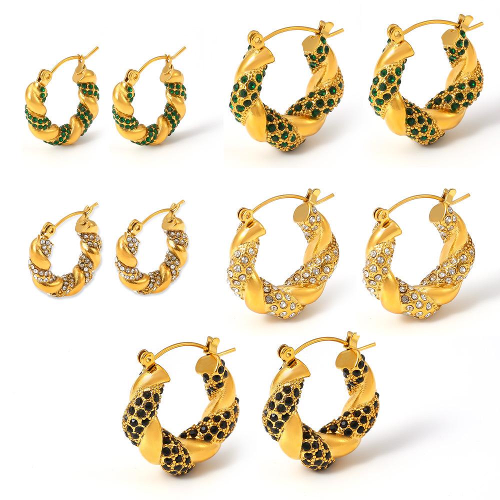 Wind New Inlaid White, Green and Black Diamonds Twisted Shape Earrings Temperament Personalized Design Titanium Steel Plated 18k Real Gold Women