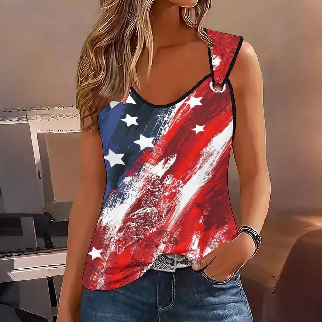 Ladies' Outdoor Casual Sports Double Loop Buckle Vest with National Flag Print Pattern ,V-neck, Sleeveless, Medium Stretch Fabric