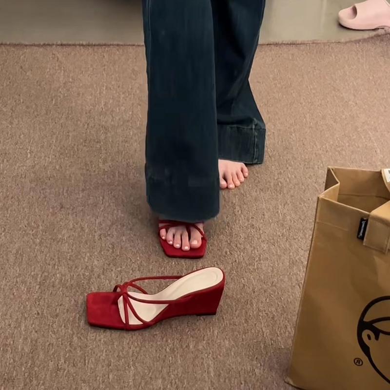 2025 Summer Women Narrow Band Slippers Concise Open Toe Slide Ladies Wedges Heel Dress Sandalias