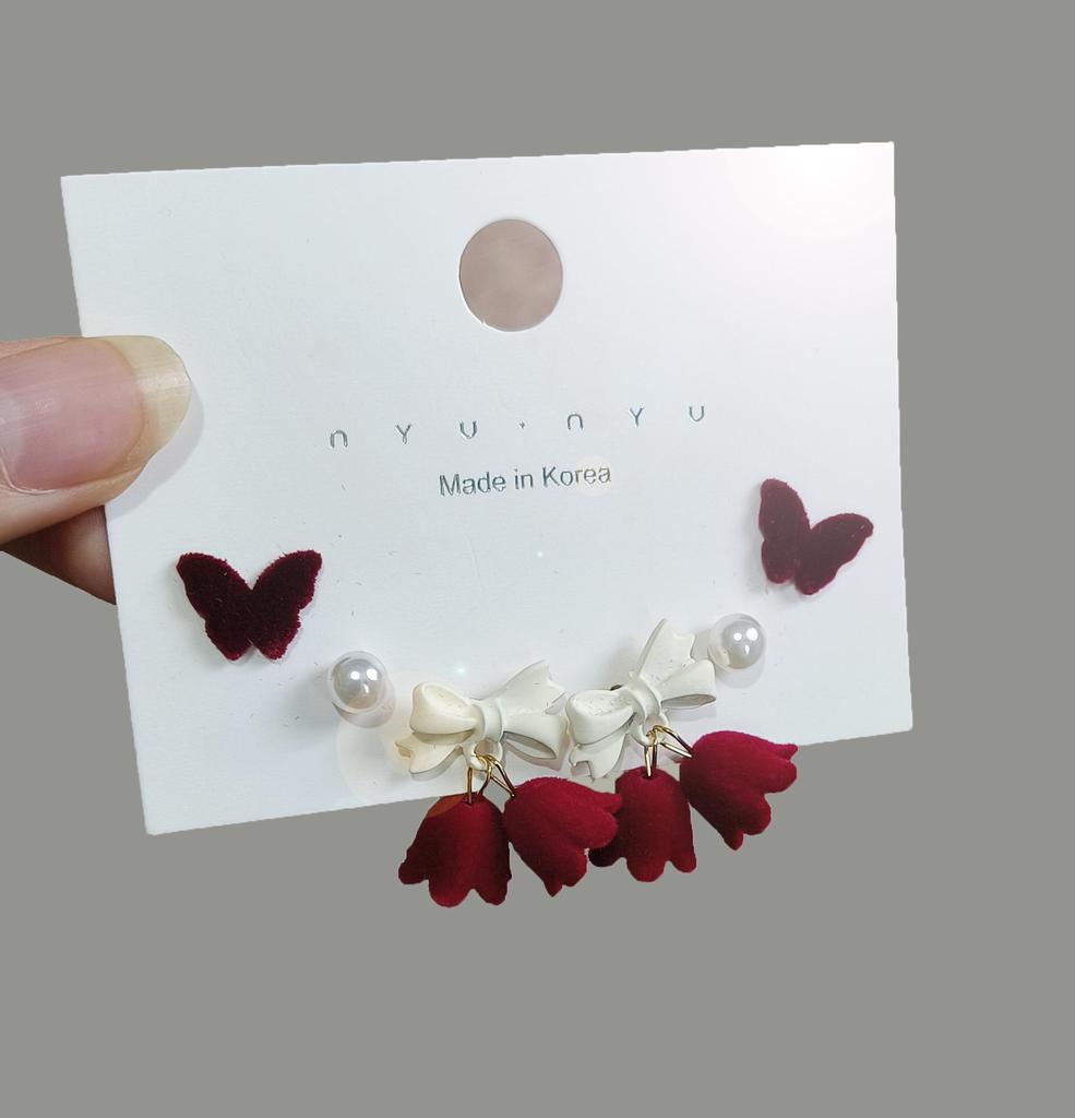 Red Flocking Bow Earrings: Retro, Festive, Exquisite Design for Women