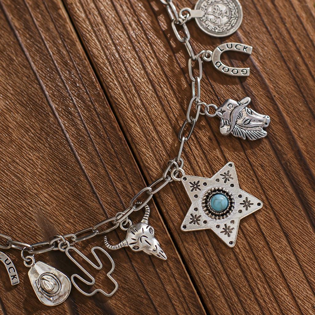 Retro ethnic style imitation turquoise cow head collarbone necklace female western cowboy style hat necklace